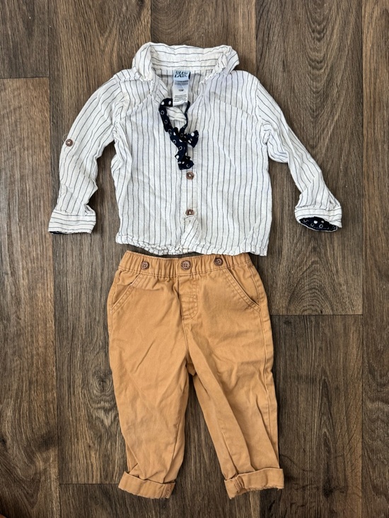 Little Lad Other - Little Lad Boys 18M Striped Linen Cotton Shirt & Beige Pants Set Long Sleeve